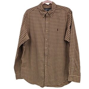 VTG Ralph Lauren Shirt Men L Beige Plaid Classic Fit Preppy Fall Flannel Holiday